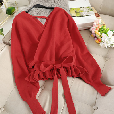 Pulover elegant de dama cu decolteu spitz si cravate in mai multe culori