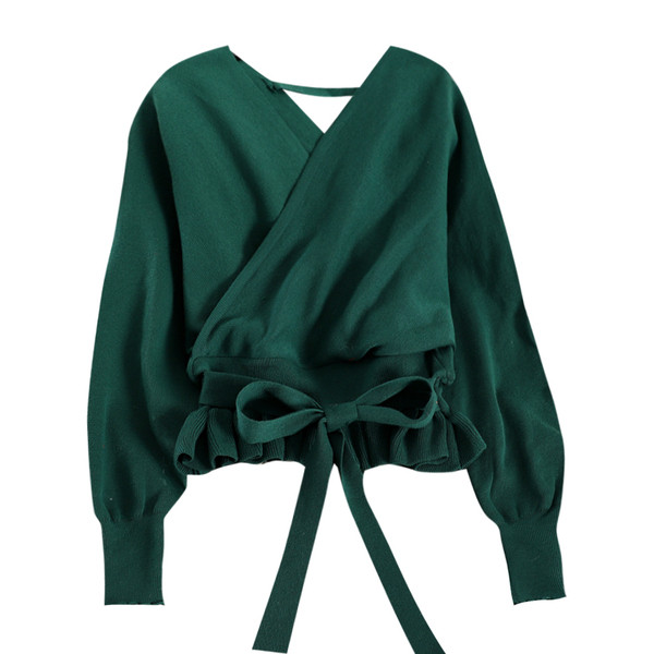 Pulover elegant de dama cu decolteu spitz si cravate in mai multe culori