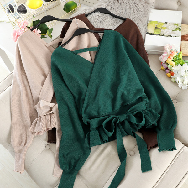 Pulover elegant de dama cu decolteu spitz si cravate in mai multe culori