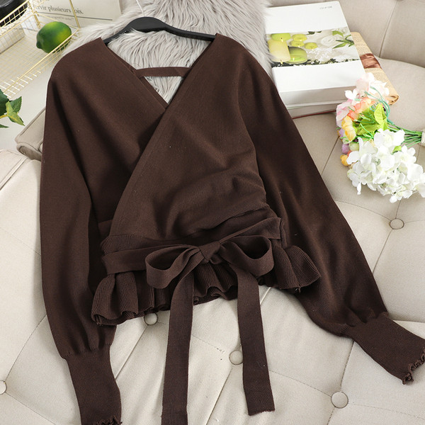 Pulover elegant de dama cu decolteu spitz si cravate in mai multe culori