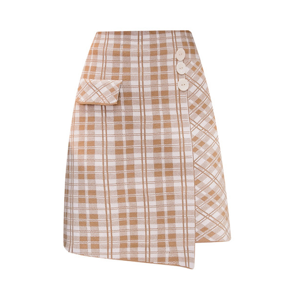 Fusta dama in carouri model nou cu nasturi de culoare bej si negru-model asimetric