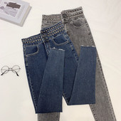 Blugi de damă cu talie înaltă și ochiuri în albastru și gri