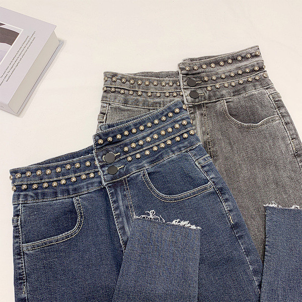 Blugi de damă cu talie înaltă și ochiuri în albastru și gri