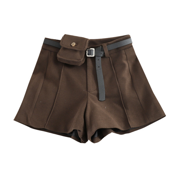 Pantaloni scurți casual de iarnă de damă, cu talie înaltă și curea