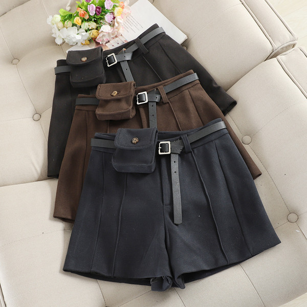 Pantaloni scurți casual de iarnă de damă, cu talie înaltă și curea