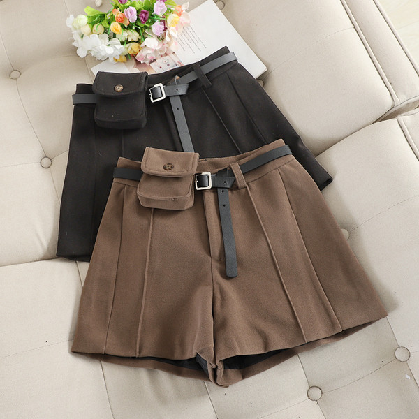 Pantaloni scurți casual de iarnă de damă, cu talie înaltă și curea