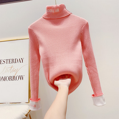 Γυναικείο πουλόβερ με ψηλό κολάρο σε λευκό, μαύρο και ροζ χρώμα