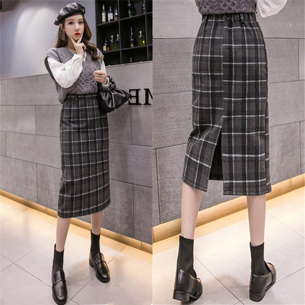 Fusta de damă modernă în carouri cu talie înaltă - două culori