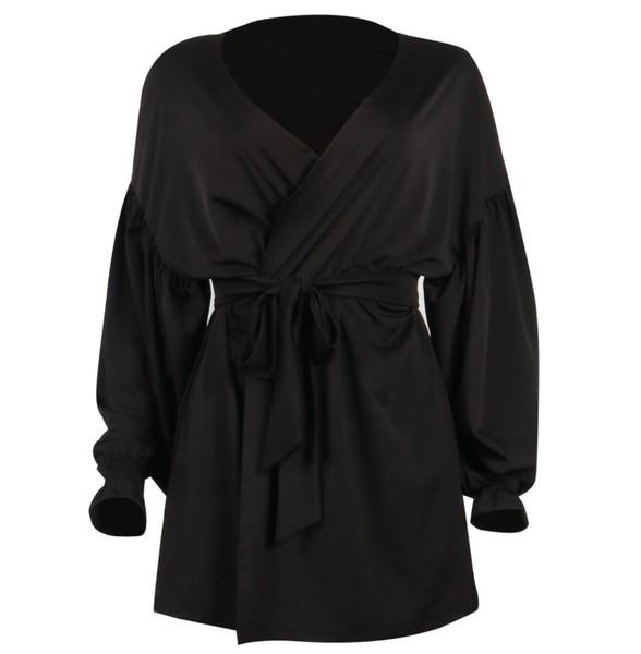 Модерна дамска къса рокля с дълбоко деколте и връзки в черен цвят 