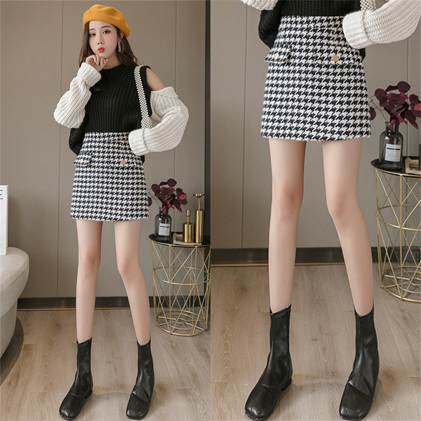 Aktuális női kockás szoknya magas derékkal, barna és fekete színben