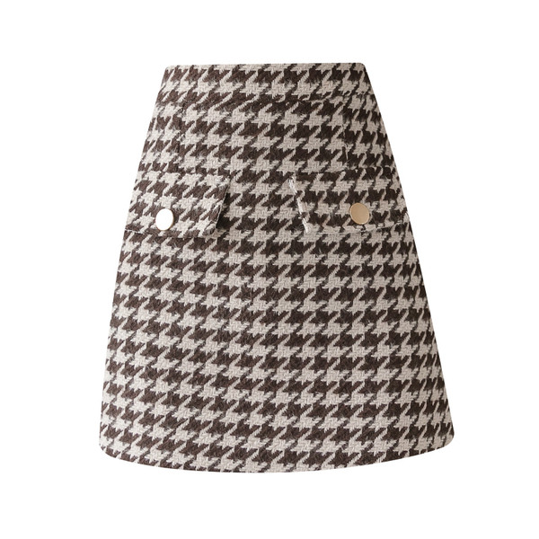 Aktuális női kockás szoknya magas derékkal, barna és fekete színben