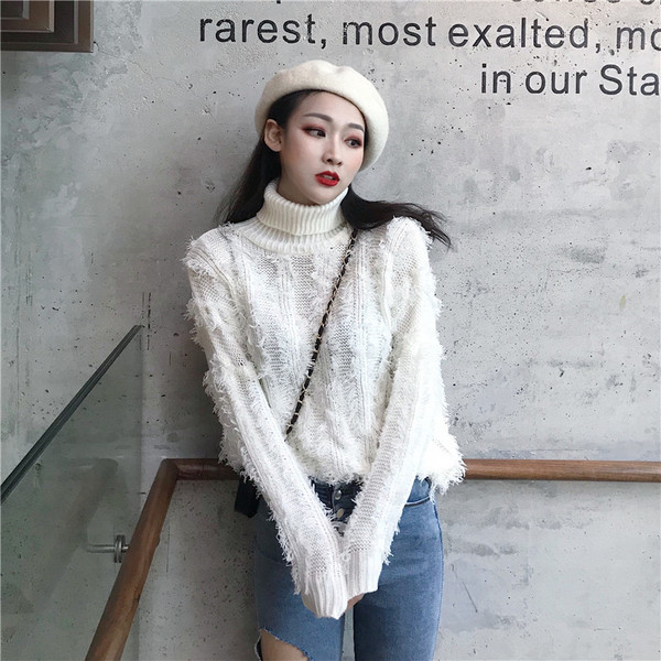 Pulover gros de dama cu guler polo si franjuri in doua culori