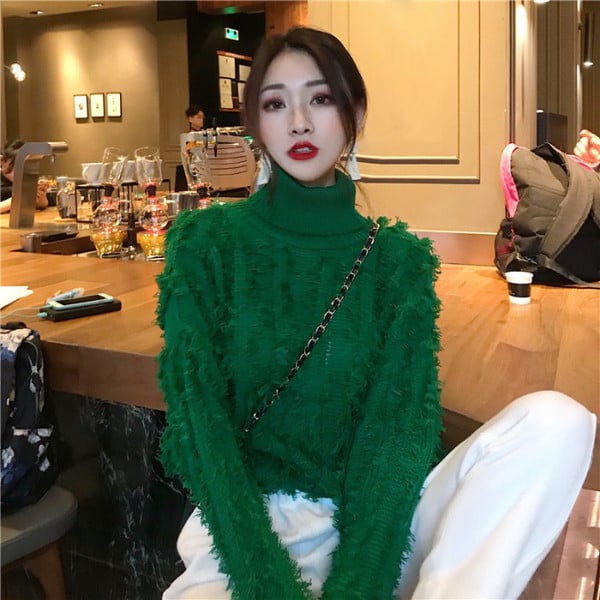 Pulover gros de dama cu guler polo si franjuri in doua culori