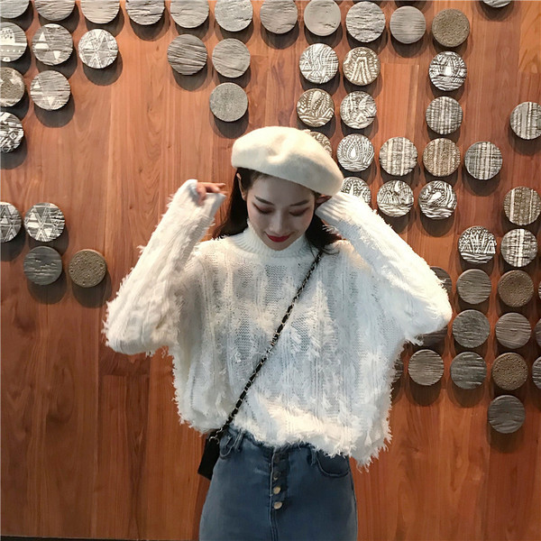 Pulover gros de dama cu guler polo si franjuri in doua culori