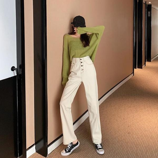 Női hosszú és széles farmer, világos színű gombokkal