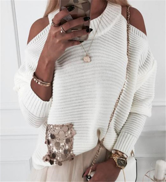 Pulover casual dama cu umerii goi si paiete in trei culori