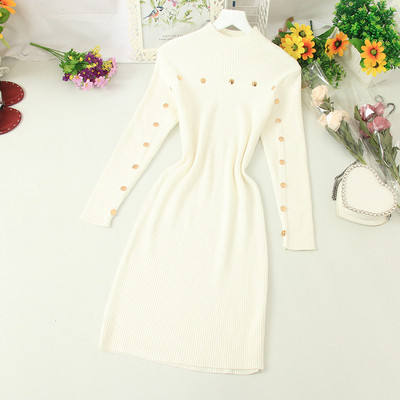 Rochie casual de dama cu guler inalt si elemente metalice in cinci culori