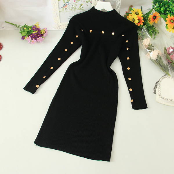 Rochie casual de dama cu guler inalt si elemente metalice in cinci culori