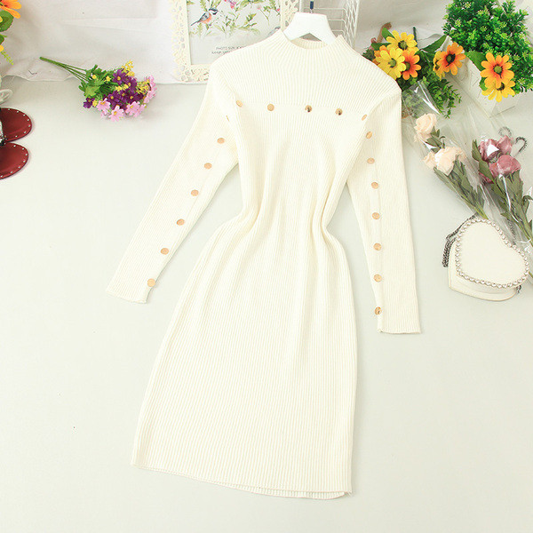 Rochie casual de dama cu guler inalt si elemente metalice in cinci culori