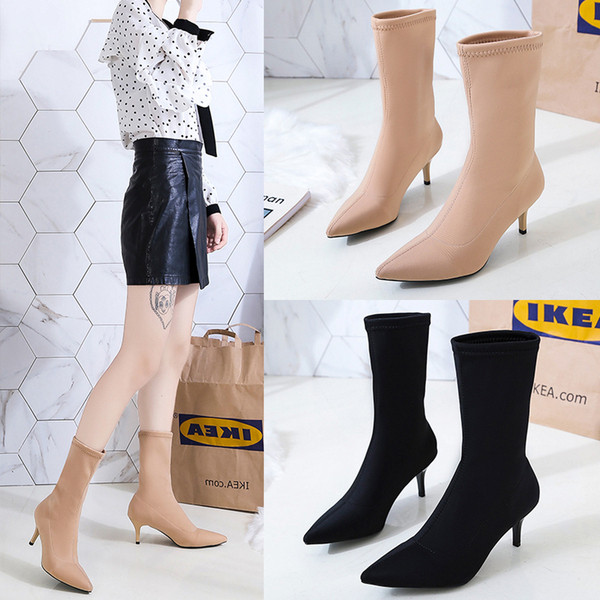 Cizme de dama stilate model ascutit in negru si bej