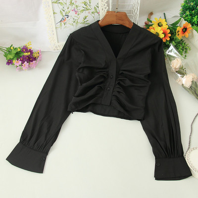 Cămașă scurtă de damă elegantă, cu decolteu spitz și mâneci lungi în mai multe culori