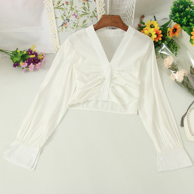 Cămașă scurtă de damă elegantă, cu decolteu spitz și mâneci lungi în mai multe culori