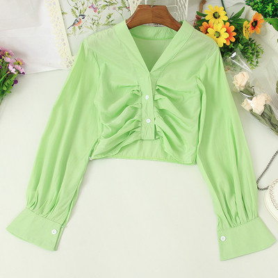 Cămașă scurtă de damă elegantă, cu decolteu spitz și mâneci lungi în mai multe culori