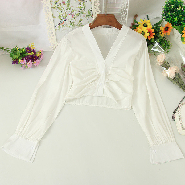 Cămașă scurtă de damă elegantă, cu decolteu spitz și mâneci lungi în mai multe culori