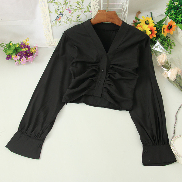 Cămașă scurtă de damă elegantă, cu decolteu spitz și mâneci lungi în mai multe culori