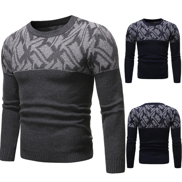 Pulover pentru bărbați cu decolteu rotund în albastru și gri