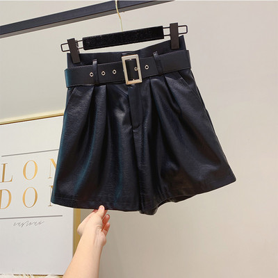 Pantaloni scurți din piele la modă cu curea în negru și maro