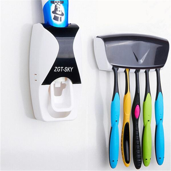 Automatic toothpaste dispenser and stand for five toothbrushes in black and white