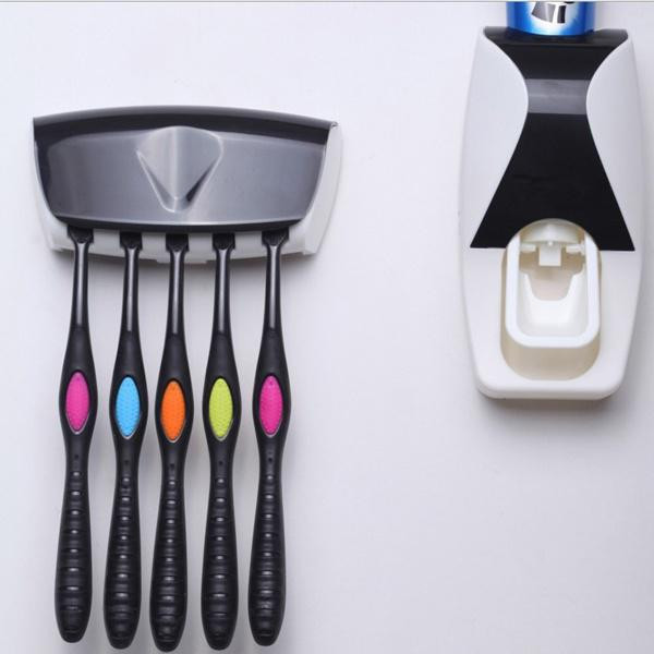 Dozator automat de pastă de dinți și suport pentru cinci periuțe de dinți alb-negru