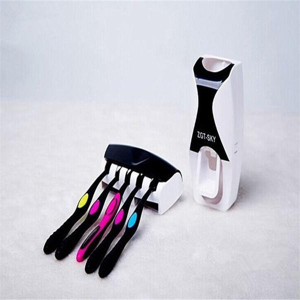 Dozator automat de pastă de dinți și suport pentru cinci periuțe de dinți alb-negru