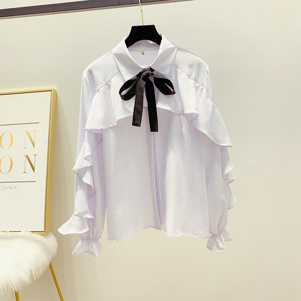 Дамска стилна риза с панделка в бял цвят