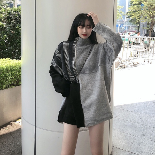 Pulover gros lung și larg cu guler polo