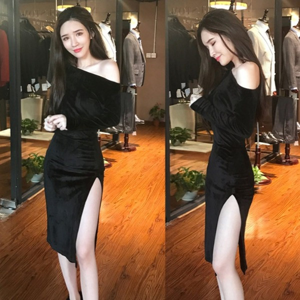 Rochie elegantă de damă, cu fante din catifea neagră