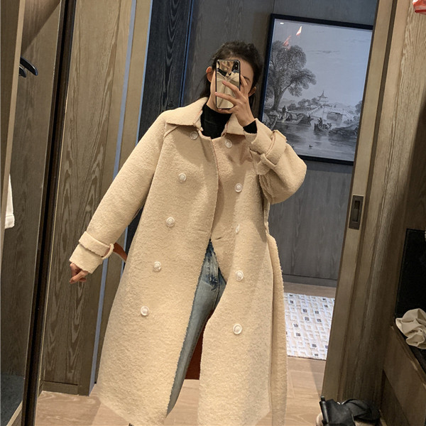 Palton bej lung si lat cu centura