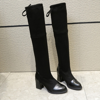 Cizme de dama stilate cu toc gros de culoare neagra din piele intoarsa ecologica