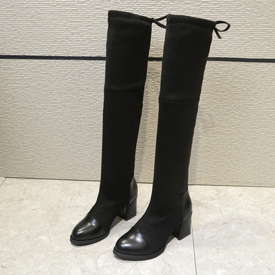 Cizme de dama stilate cu toc gros de culoare neagra din piele intoarsa ecologica