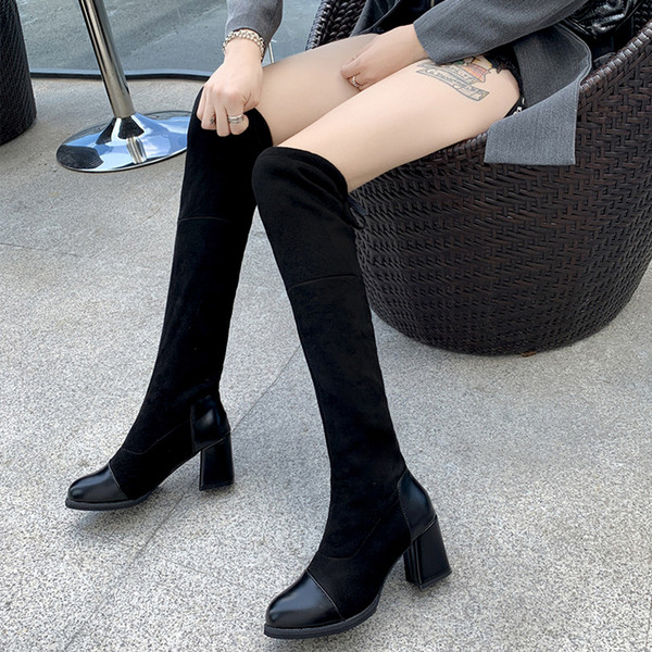 Cizme de dama stilate cu toc gros de culoare neagra din piele intoarsa ecologica