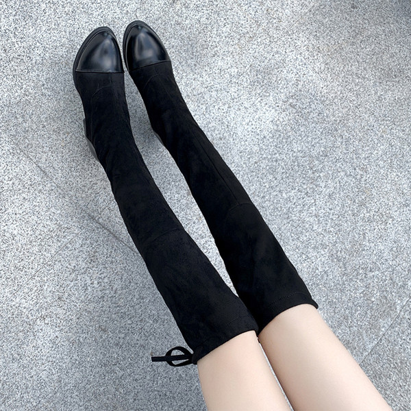 Cizme de dama stilate cu toc gros de culoare neagra din piele intoarsa ecologica