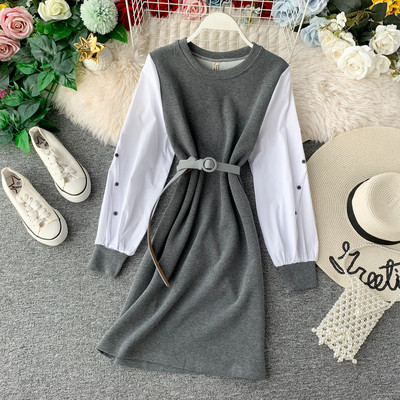 Rochie casual de dama cu decolteu oval si curea in negru si gri