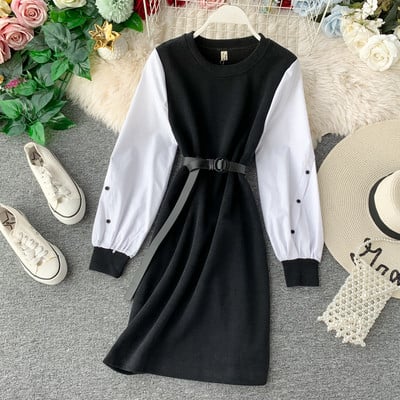 Rochie casual de dama cu decolteu oval si curea in negru si gri