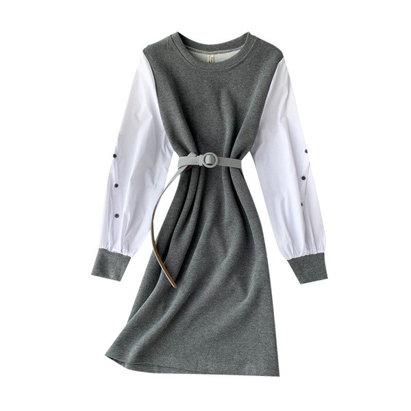 Rochie casual de dama cu decolteu oval si curea in negru si gri