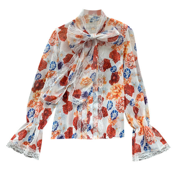 Cămașă modernă de damă cu panglică și model floral în alb și negru