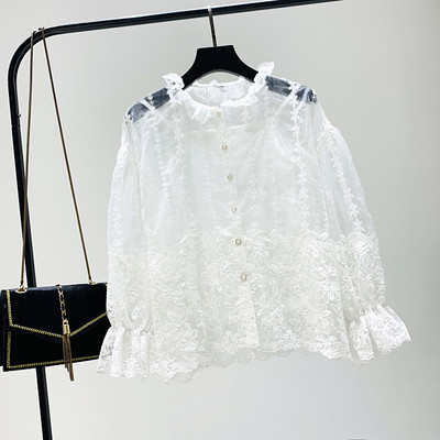 Camasa de dama din dantela model nou cu nasturi in alb si bej