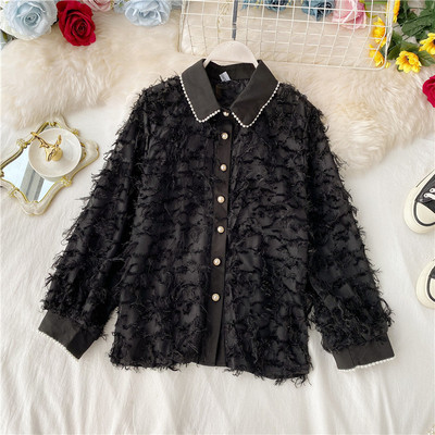 Cămașă elegantă de damă cu nasturi și mâneci lungi în alb și negru