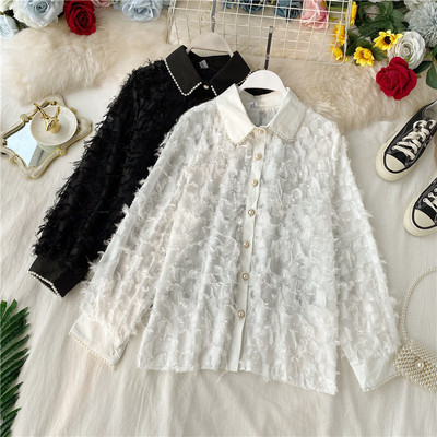 Cămașă elegantă de damă cu nasturi și mâneci lungi în alb și negru