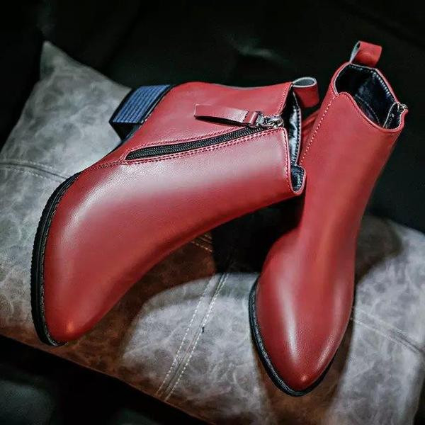 Ghete de dama moderne din piele ecologica cu fermoar in rosu si negru